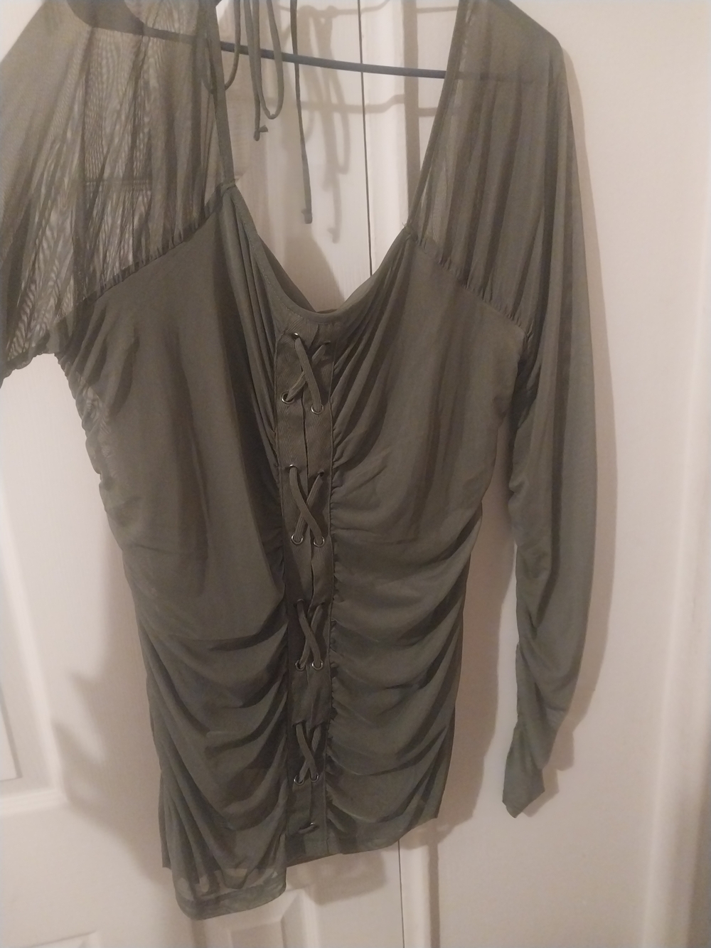 Olive Green Ruched Lace-Up Women’s Top
